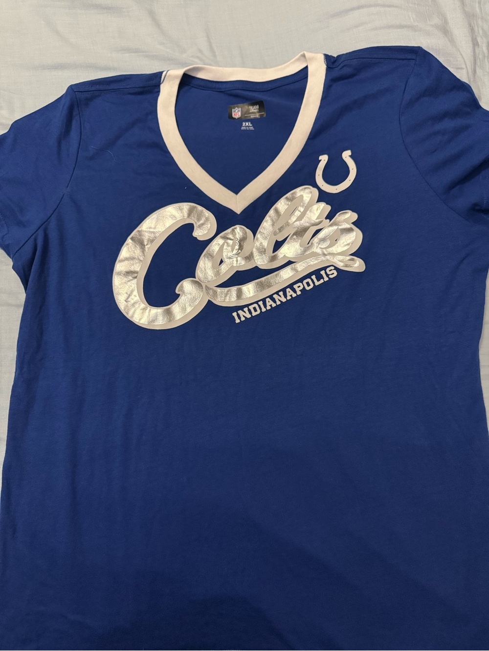 NFL Girls Royal Blue V-Neck Colts Tee with Metallic Silver Logo